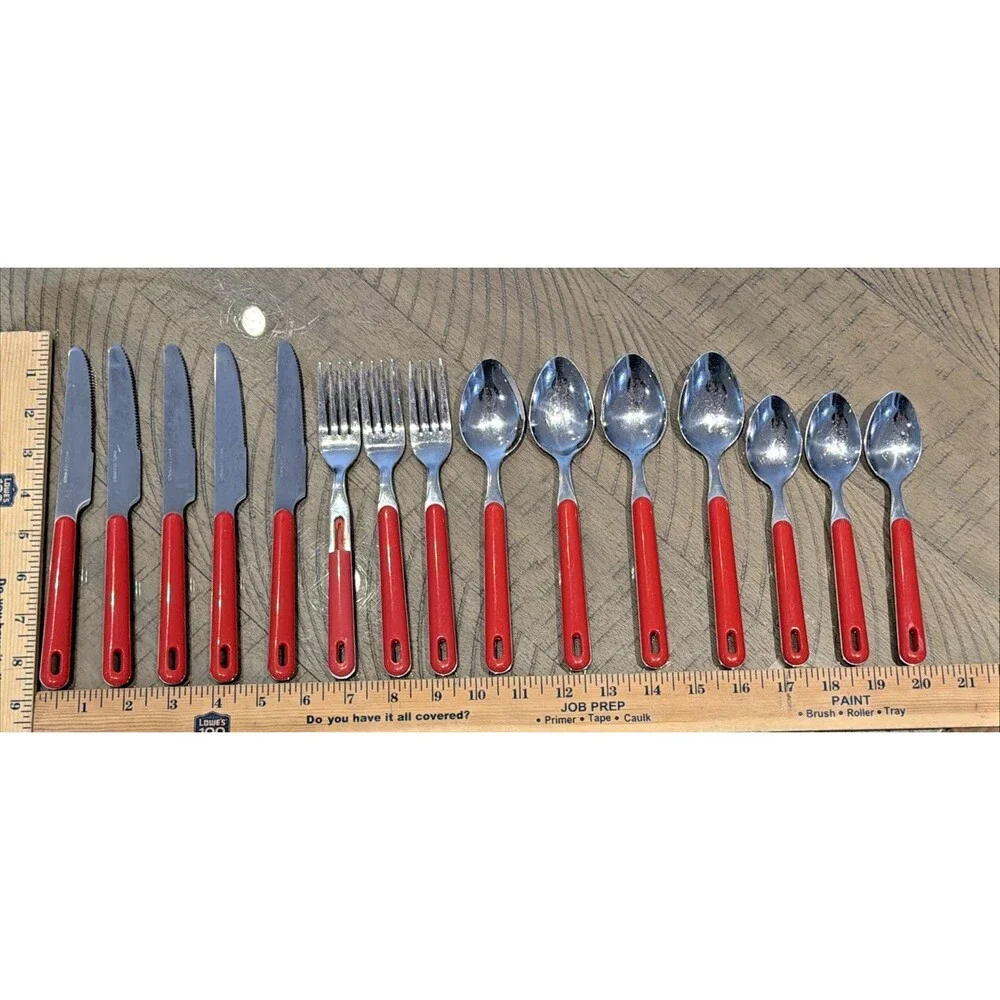 Vintage Stainless steele Flatware spoon fork knife RED HANDLES set retro